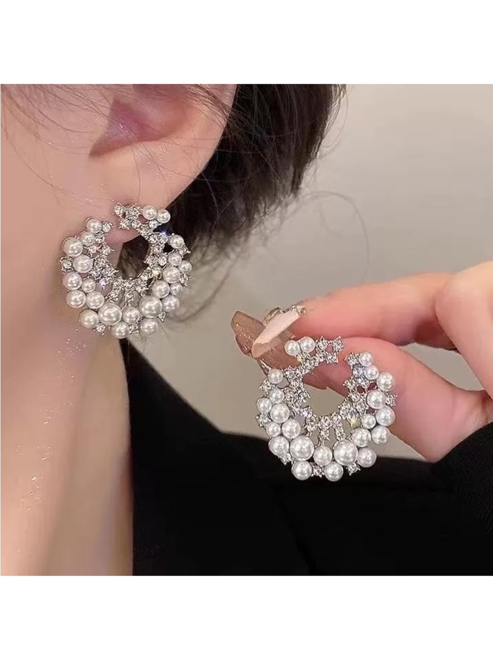Elegant Pearl & Crystal Hoop Earrings - Silver